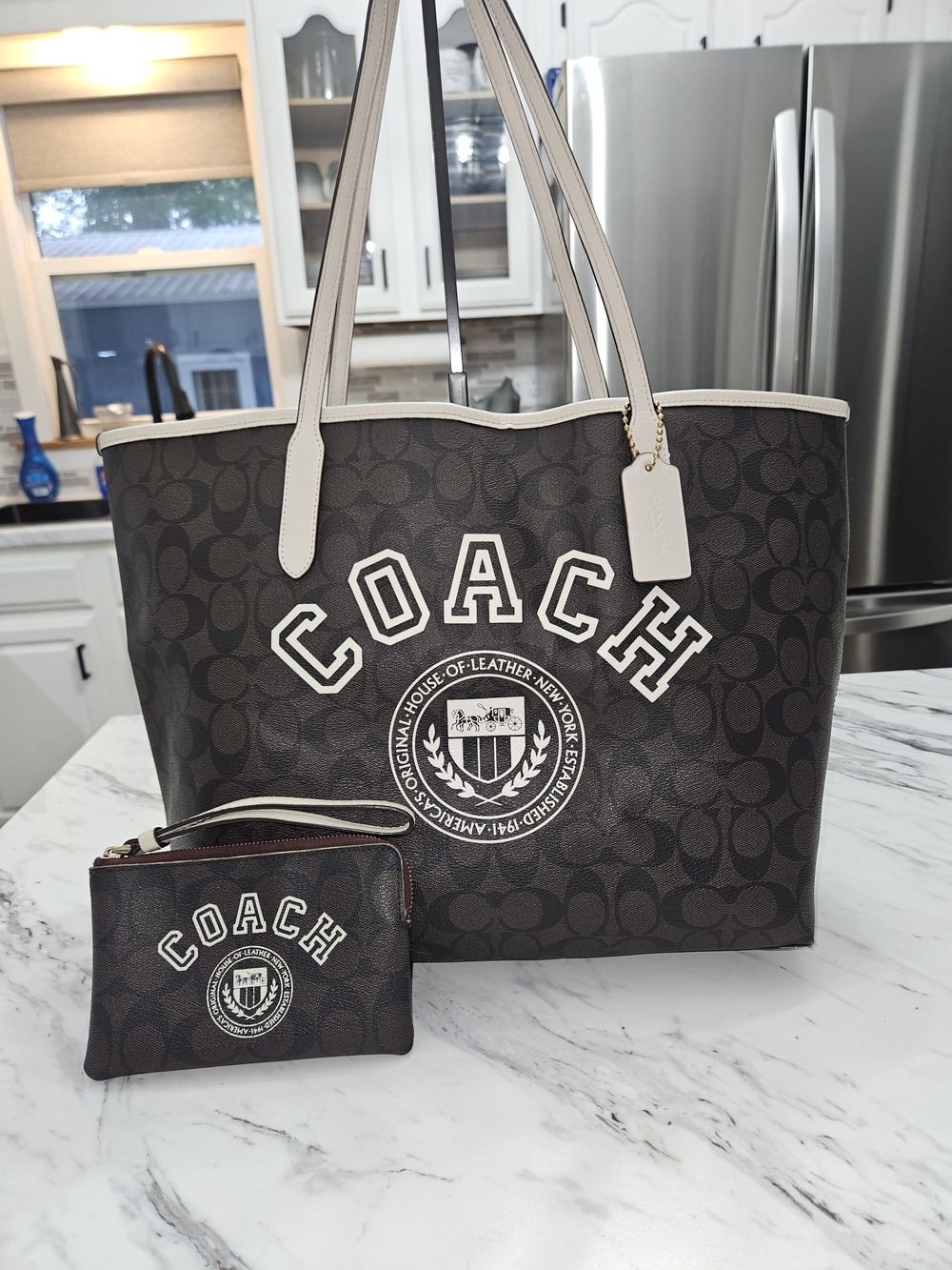 Coach Brown Signature Logo Tote with Cream Trim and Matching Wristlet